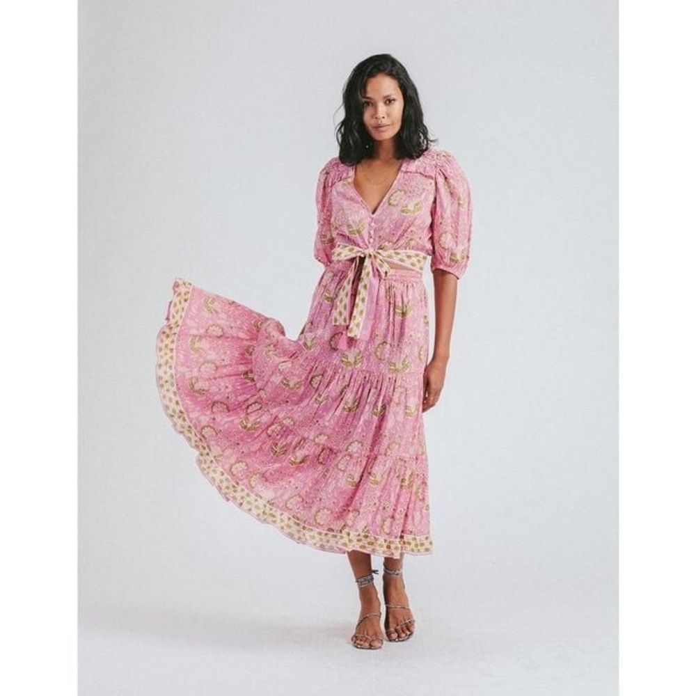 Cleobella Pink Floral Tiered Midi Two-Piece Dress